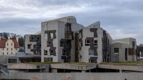 Dynamic view of the Scottish Parliament building showcasing modern architecture in Edinburgh, Scotland.